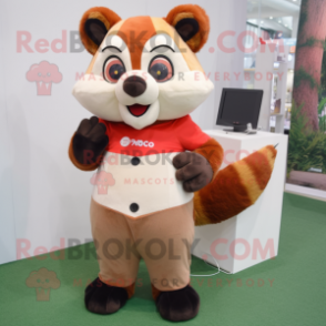 Beige Red Panda mascot costume character dressed with a Capri Pants and Suspenders