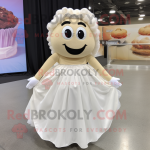 Cream Bagels mascot costume character dressed with a Wedding Dress and Hair clips