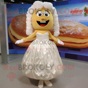 Cream Bagels mascot costume character dressed with a Wedding Dress and Hair clips