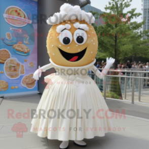 Cream Bagels mascot costume character dressed with a Wedding Dress and Hair clips