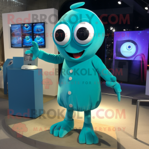 Teal Cyclops mascot costume character dressed with a Midi Dress and Cufflinks