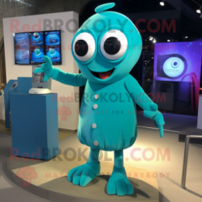 Teal Cyclops mascot costume character dressed with a Midi Dress and Cufflinks