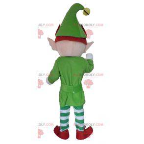 Elf elf maskotka ubrany w zielony, biały i czerwony -