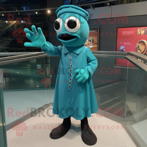 Teal Cyclops mascot costume character dressed with a Midi Dress and Cufflinks