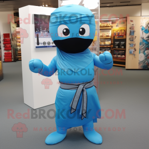 Sky Blue Ninja mascot costume character dressed with a Mini Skirt and Scarves