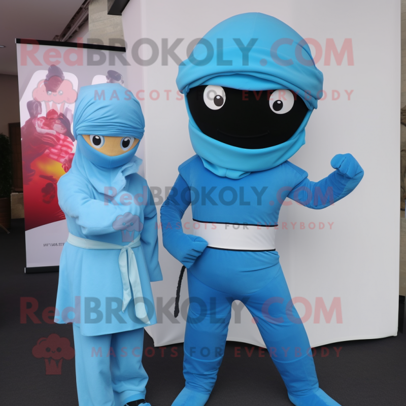 Sky Blue Ninja mascot costume character dressed with a Mini Skirt and Scarves