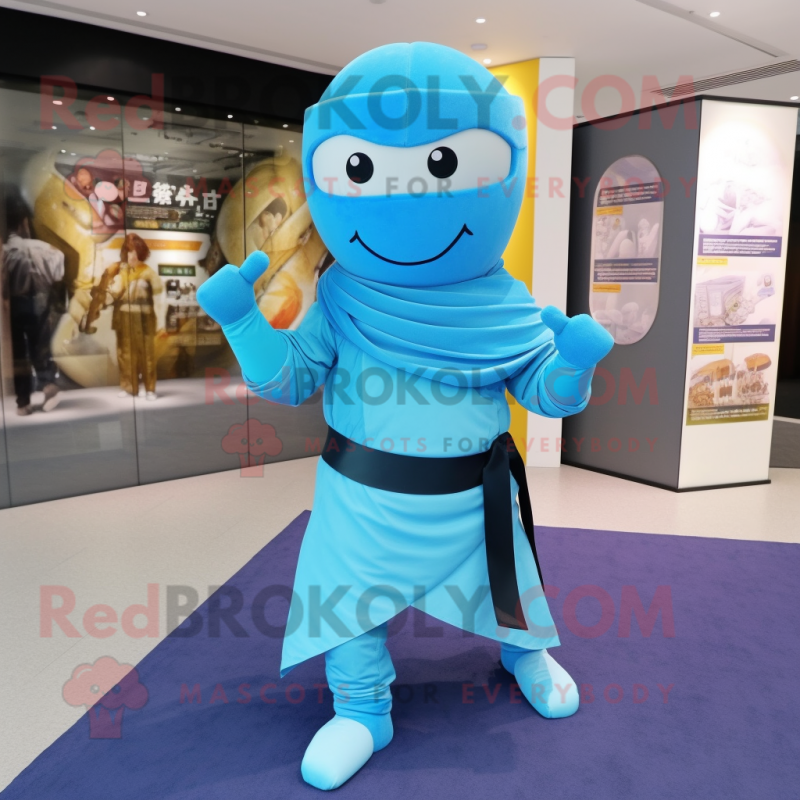 Sky Blue Ninja mascot costume character dressed with a Mini Skirt and Scarves