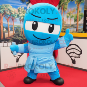 Sky Blue Ninja mascot costume character dressed with a Mini Skirt and Scarves