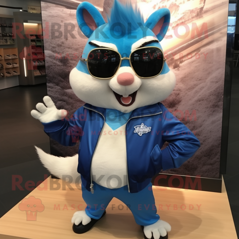 Blue Chipmunk mascot costume character dressed with a Jacket and Sunglasses