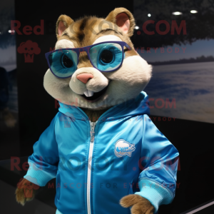 Blue Chipmunk mascot costume character dressed with a Jacket and Sunglasses