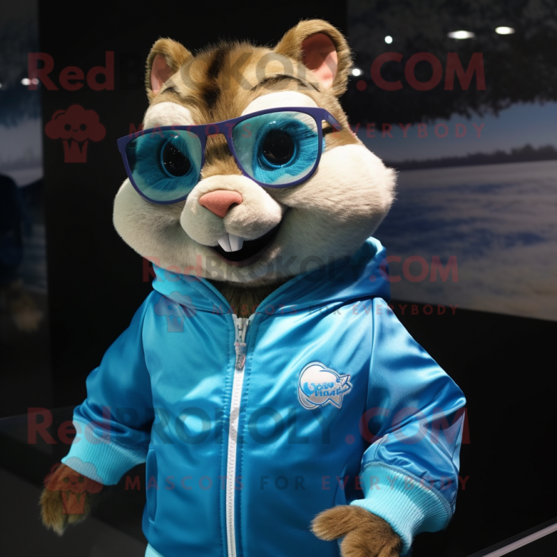 Blue Chipmunk mascot costume character dressed with a Jacket and Sunglasses