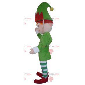Elfo elfo mascote vestido de verde, branco e vermelho -