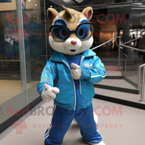 Blue Chipmunk mascot costume character dressed with a Jacket and Sunglasses