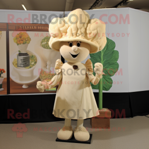 Tan Cauliflower mascot costume character dressed with a Shift Dress and Hat pins