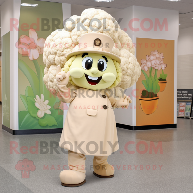 Tan Cauliflower mascot costume character dressed with a Shift Dress and Hat pins Tan Cauliflower mascot costume character dressed with a Shift Dress and Hat pins