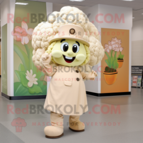 Tan Cauliflower mascot costume character dressed with a Shift Dress and Hat pins