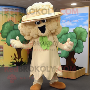 Tan Cauliflower mascot costume character dressed with a Shift Dress and Hat pins