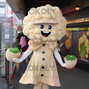 Tan Cauliflower mascot costume character dressed with a Shift Dress and Hat pins