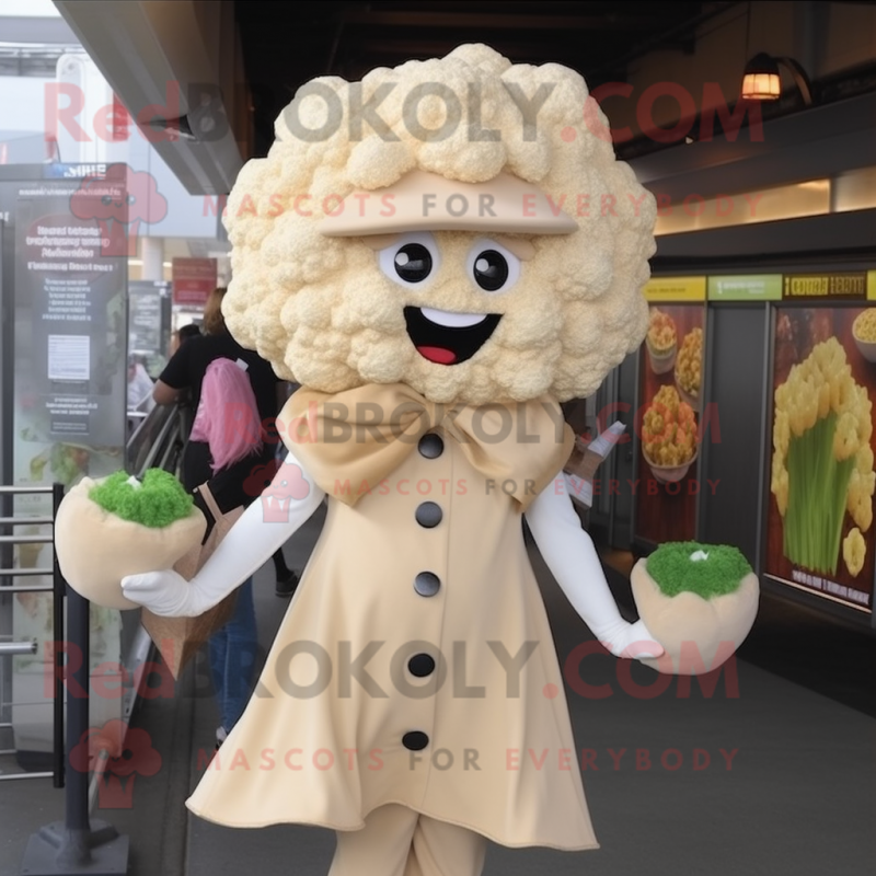 Tan Cauliflower mascot costume character dressed with a Shift Dress and Hat pins