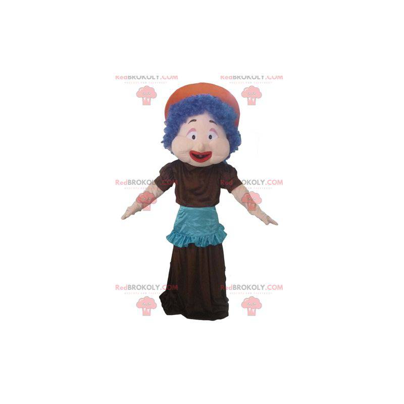 Mascot mujer con pelo azul un vestido y un delantal -