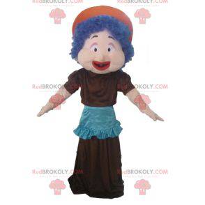 Mulher mascote de cabelo azul, vestido e avental -