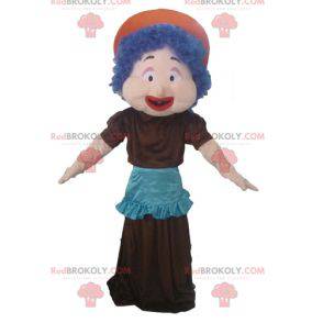 Vrouw mascotte met blauw haar, een jurk en een schort -