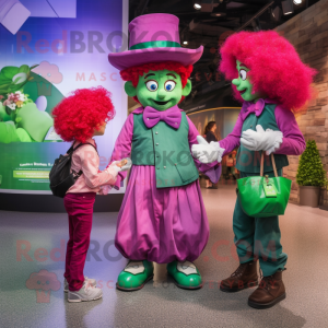 Magenta Leprechaun mascot costume character dressed with a Mom Jeans and Coin purses