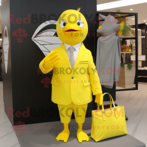Lemon Yellow Dove mascot costume character dressed with a Suit and Tote bags