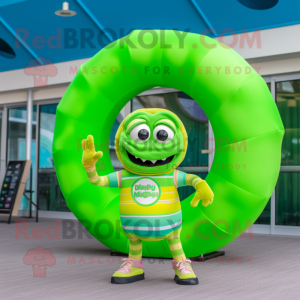 Lime Green Bagels mascot costume character dressed with a Bikini and Rings