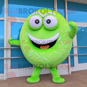 Lime Green Bagels mascot costume character dressed with a Bikini and Rings