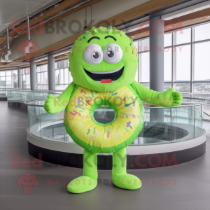 Lime Green Bagels mascot costume character dressed with a Bikini and Rings