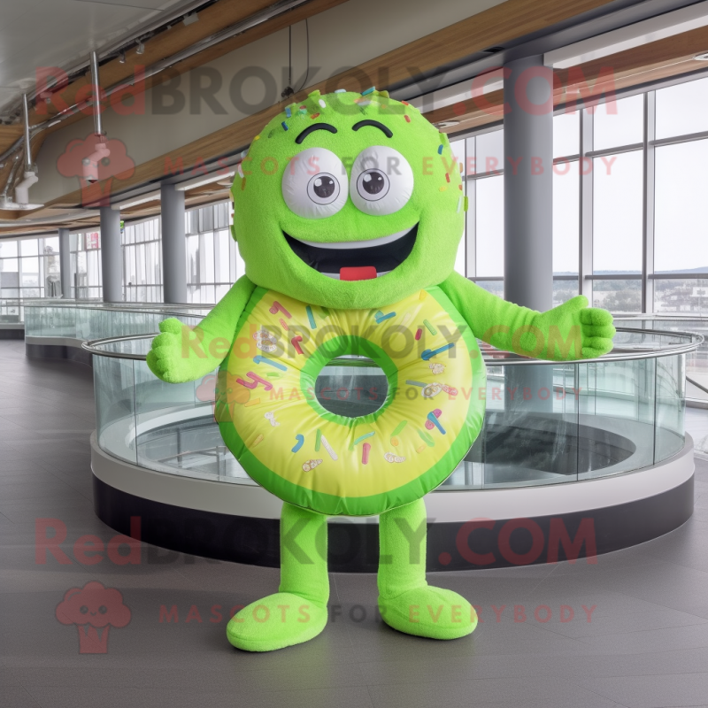 Lime Green Bagels mascot costume character dressed with a Bikini and Rings Lime Green Bagels mascot costume character dressed with a Bikini and Rings