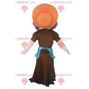 Mascot woman with blue hair a dress and an apron -
