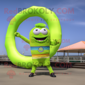 Lime Green Bagels mascot costume character dressed with a Bikini and Rings