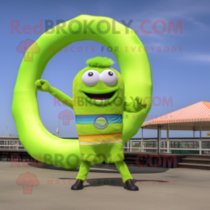 Lime Green Bagels mascot costume character dressed with a Bikini and Rings