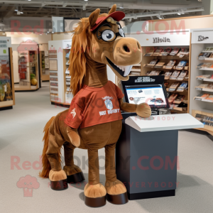 Brown Mare mascot costume character dressed with a Graphic Tee and Reading glasses