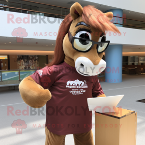 Brown Mare mascot costume character dressed with a Graphic Tee and Reading glasses