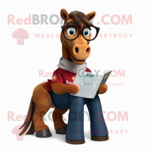 Brown Mare mascot costume character dressed with a Graphic Tee and Reading glasses