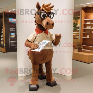 Brown Mare mascot costume character dressed with a Graphic Tee and Reading glasses