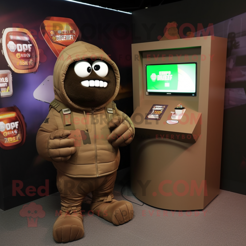 Brown Grenade mascot costume character dressed with a Hoodie and Digital watches