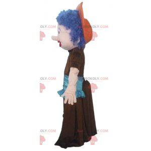 Mascotte de femme avec des cheveux bleus une robe et un tablier