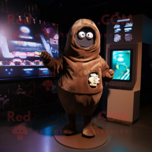 Brown Grenade mascot costume character dressed with a Hoodie and Digital watches