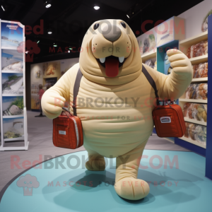 Beige Walrus mascot costume character dressed with a Running Shorts and Handbags