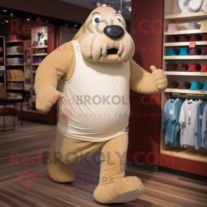 Beige Walrus mascot costume character dressed with a Running Shorts and Handbags