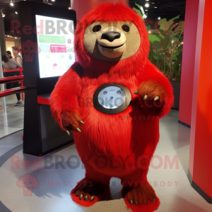Red Giant Sloth mascot costume character dressed with a Mini Skirt and Coin purses