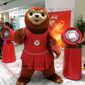 Red Giant Sloth mascot costume character dressed with a Mini Skirt and Coin purses