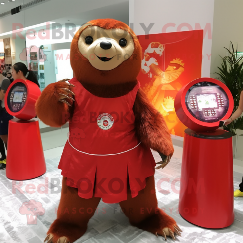 Red Giant Sloth mascot costume character dressed with a Mini Skirt and Coin purses Red Giant Sloth mascot costume character dressed with a Mini Skirt and Coin purses