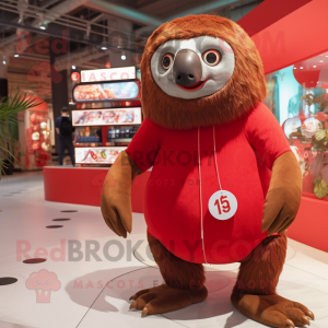 Red Giant Sloth mascot costume character dressed with a Mini Skirt and Coin purses