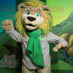 Green Tamer Lion mascot costume character dressed with a Button-Up Shirt and Scarf clips