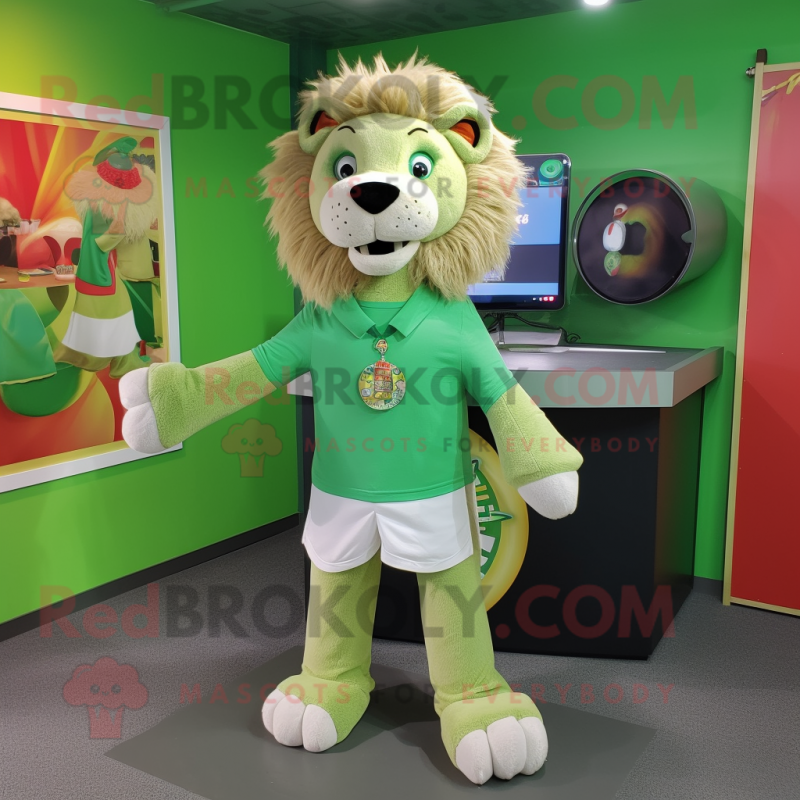 Green Tamer Lion mascot costume character dressed with a Button-Up Shirt and Scarf clips Green Tamer Lion mascot costume character dressed with a Button-Up Shirt and Scarf clips